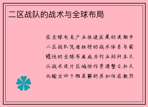 二区战队的战术与全球布局