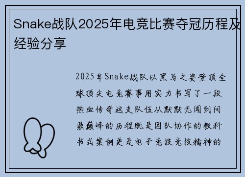 Snake战队2025年电竞比赛夺冠历程及经验分享