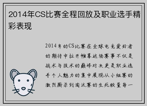 2014年CS比赛全程回放及职业选手精彩表现